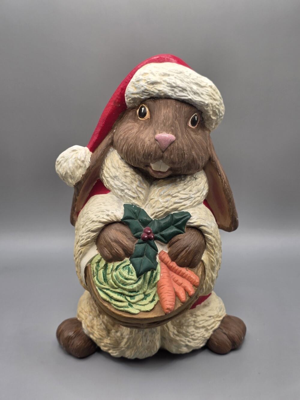Vintage Ceramic Christmas Bunny Figurine Santa Suit Holding Carrots Cabbage